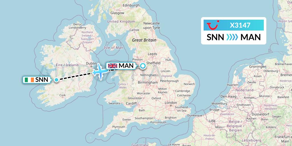 X3147 TUI fly Germany Flight Map: Shannon to Manchester