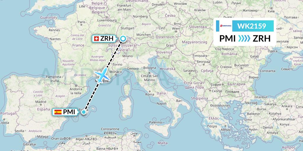 WK2159 Edelweiss Air Flight Map: Palma de Mallorca to Zurich
