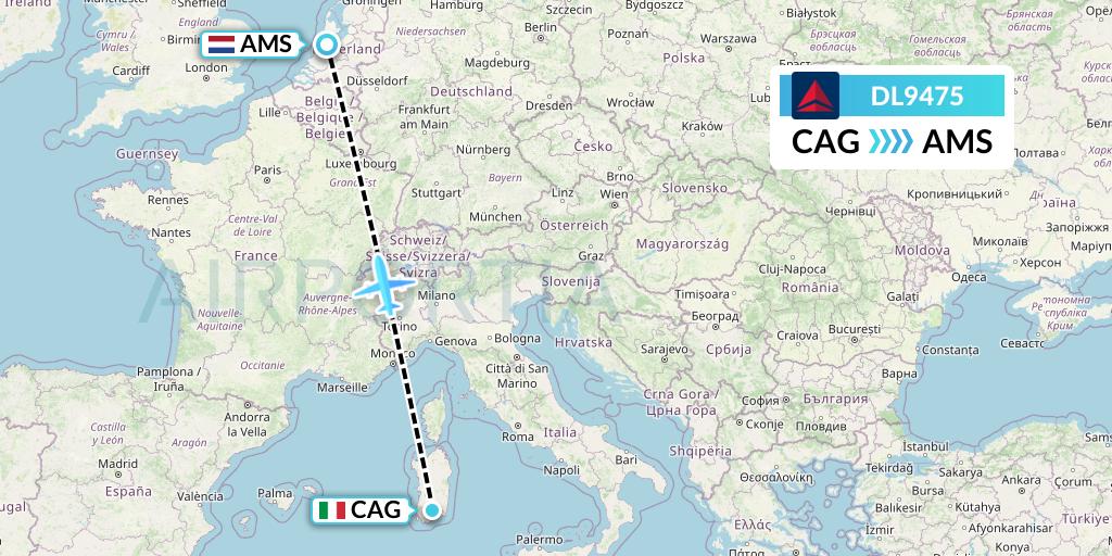 DL9475 Delta Air Lines Flight Map: Cagliari to Amsterdam