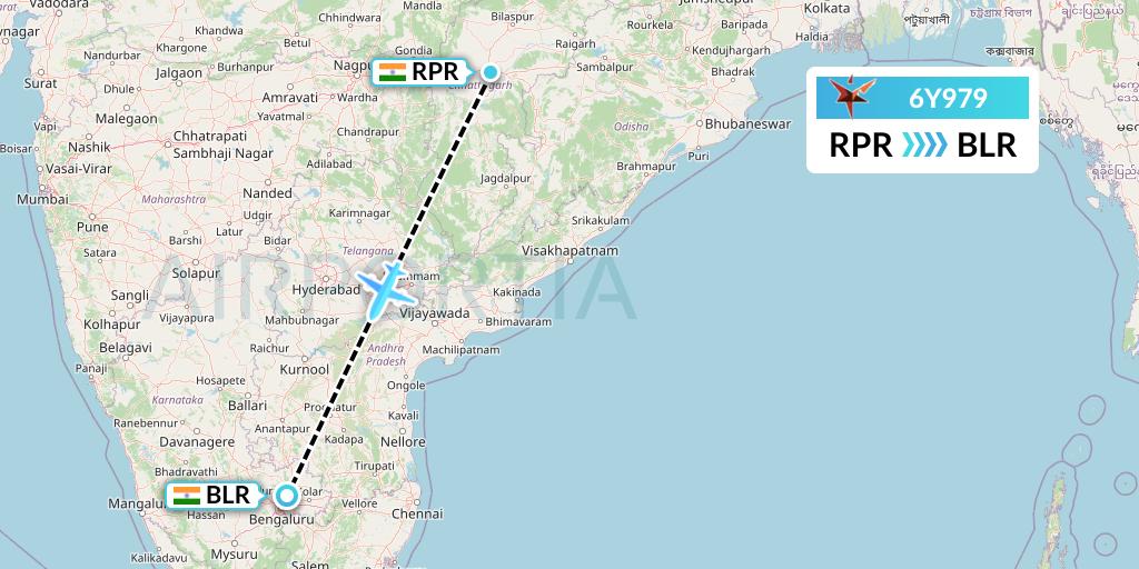 6Y979 SmartLynx Flight Map: Raipur to Bangalore