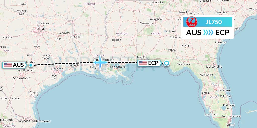 JL750 Japan Airlines Flight Map: Austin to Panama City