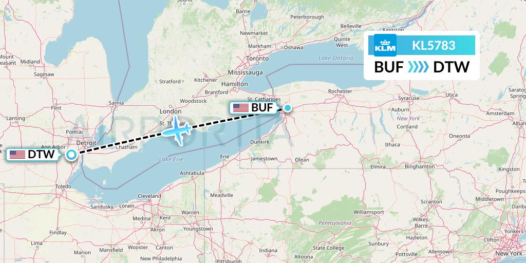 KL5783 KLM Flight Map: Buffalo to Detroit
