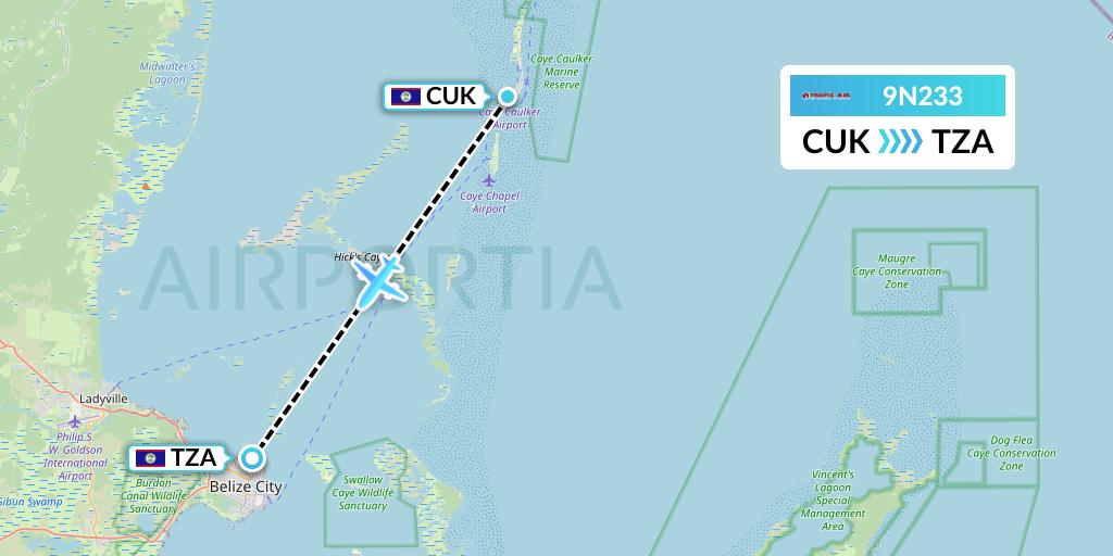 9N233 Tropic Air Flight Map: Caye Caulker to Belize City