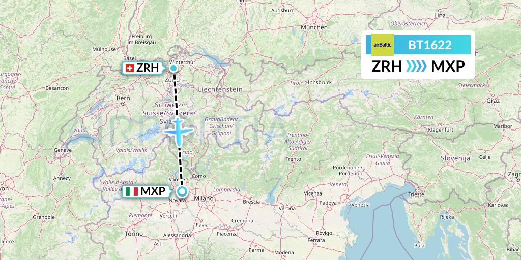 BT1622 Air Baltic Flight Map: Zurich to Milan