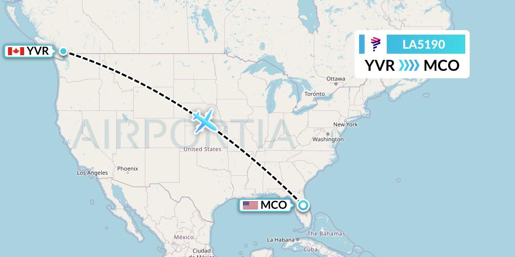 LA5190 LAN Airlines Flight Map: Vancouver to Orlando