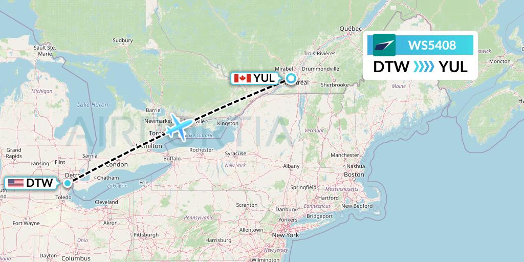 WS5408 WestJet Flight Map: Detroit to Montreal