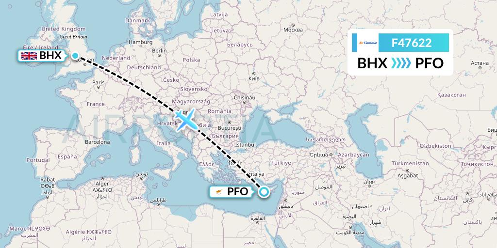 F47622 Air Flamenco Flight Map: Birmingham to Pafos