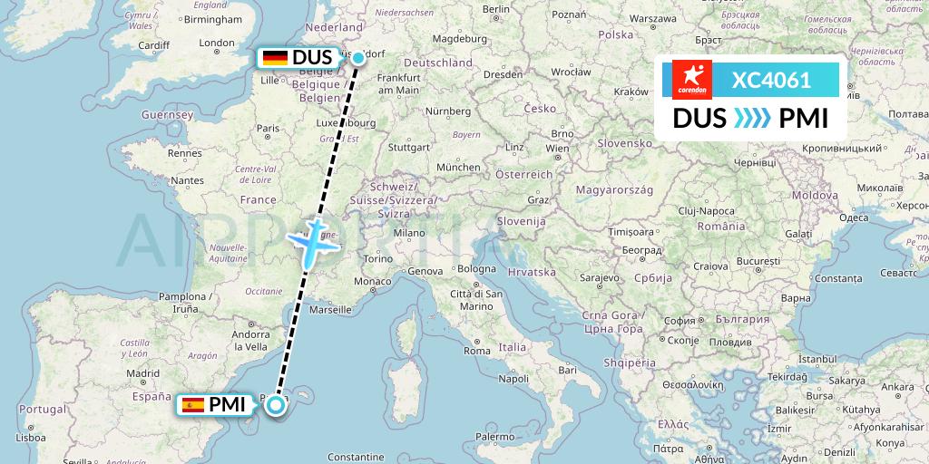 XC4061 Corendon Airlines Flight Map: Dusseldorf to Palma de Mallorca