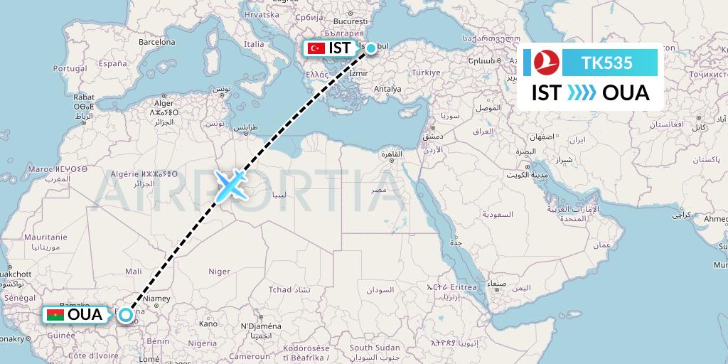 TK535 Turkish Airlines Flight Map: Istanbul to Ouagadougou