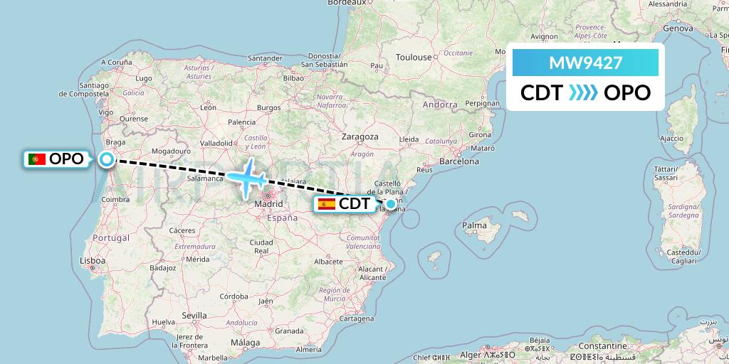 MW9427 Mokulele Flight Service Flight Map: Castellon de la Plana to Porto