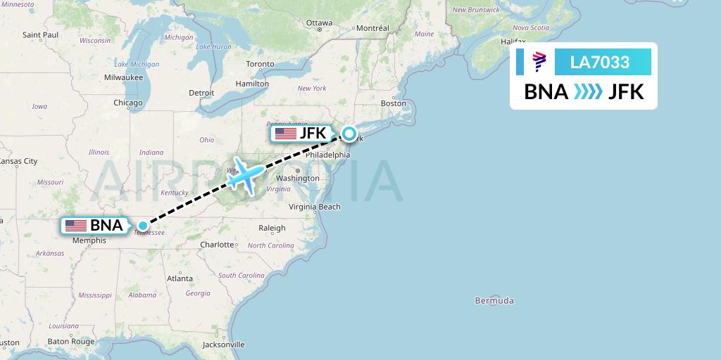 LA7033 LAN Airlines Flight Map: Nashville to New York