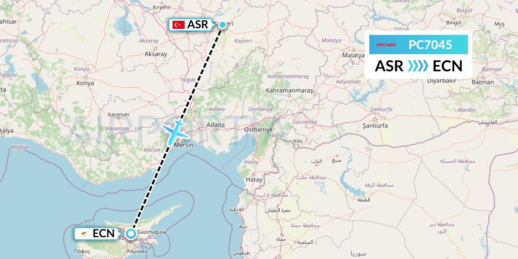PC7045 Pegasus Airlines Flight Map: Kayseri to Tymvou