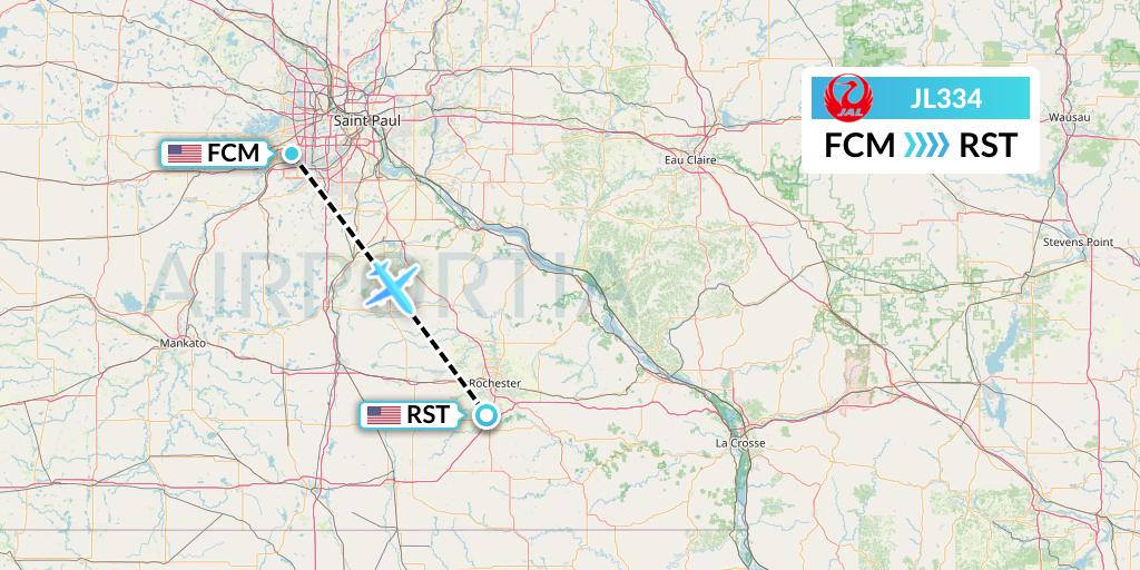 JL334 Japan Airlines Flight Map: Minneapolis to Rochester