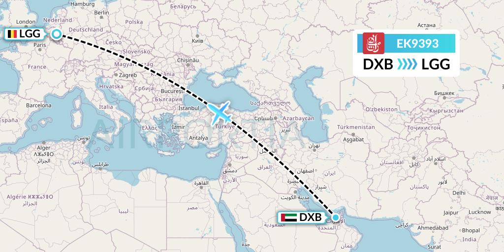 EK9393 Emirates Flight Map: Dubai to Liege