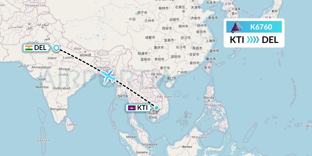K6760 Cambodia Angkor Air Flight Map: Kratie to Delhi