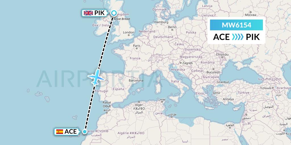 MW6154 Mokulele Flight Service Flight Map: Lanzarote to Prestwick