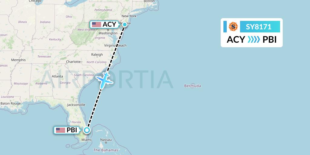SY8171 Sun Country Airlines Flight Map: Atlantic City to West Palm Beach