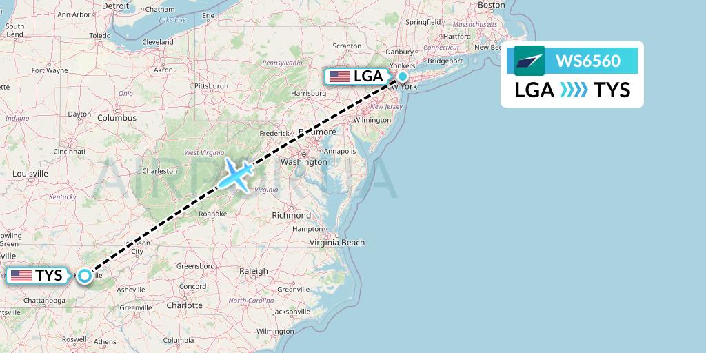 WS6560 WestJet Flight Map: New York to Knoxville