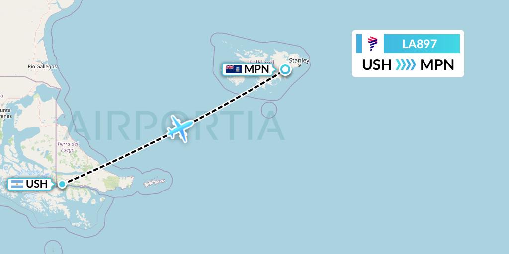 LA897 LAN Airlines Flight Map: Ushuaia to Mount Pleasant