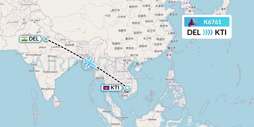 K6761 Cambodia Angkor Air Flight Map: Delhi to Kratie