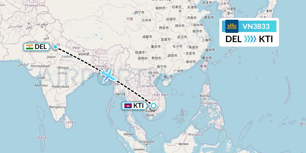 VN3833 Vietnam Airlines Flight Map: Delhi to Kratie