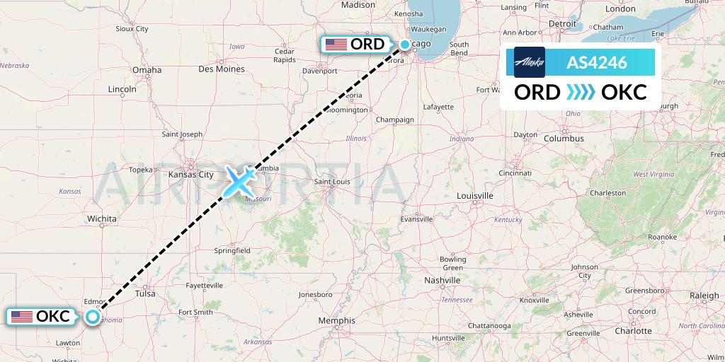 AS4246 Alaska Airlines Flight Map: Chicago to Oklahoma City
