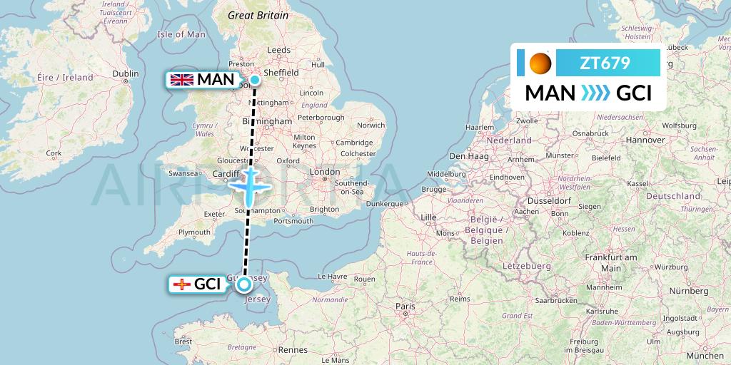 ZT679 Titan Airways Flight Map: Manchester to Guernsey