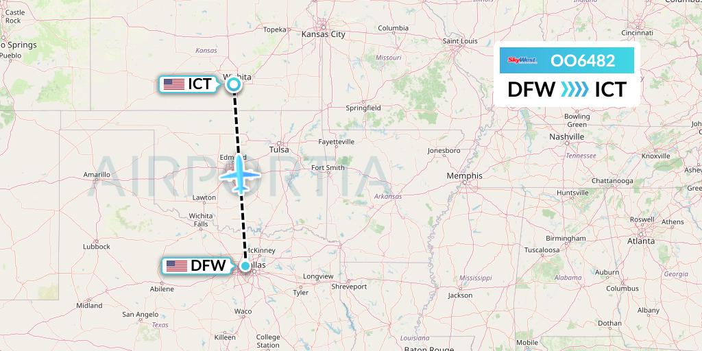 OO6482 SkyWest Airlines Flight Map: Dallas to Wichita