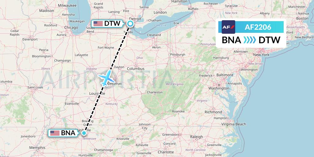 AF2206 Air France Flight Map: Nashville to Detroit