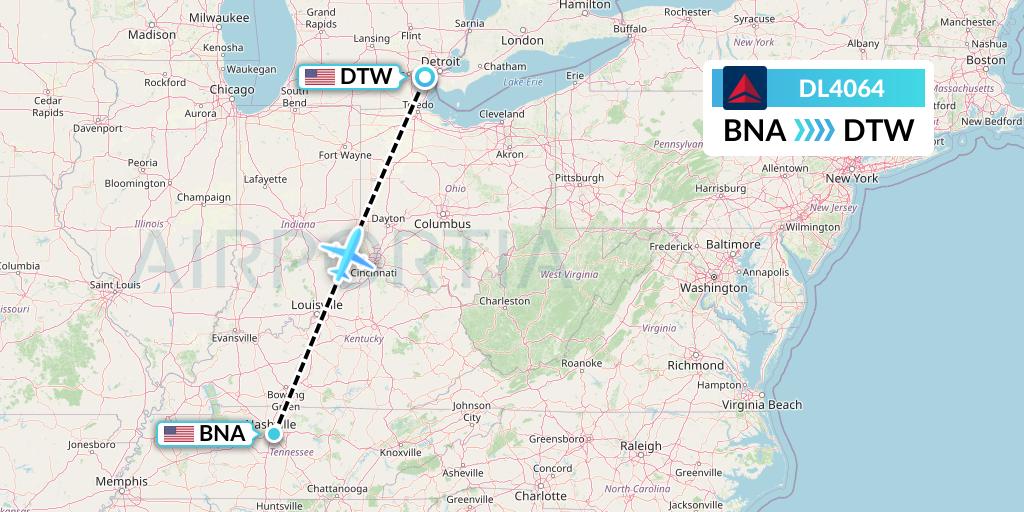 DL4064 Delta Air Lines Flight Map: Nashville to Detroit