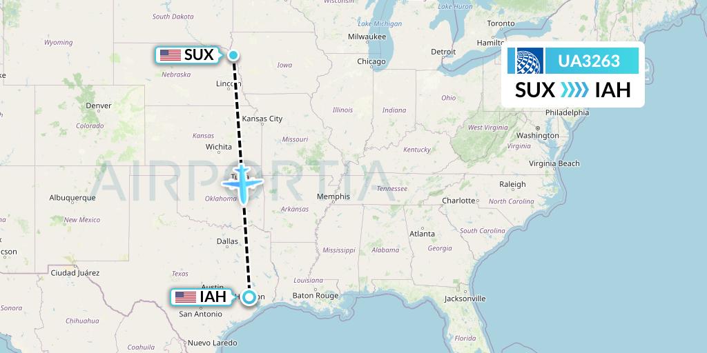 UA3263 United Airlines Flight Map: Sioux City to Houston