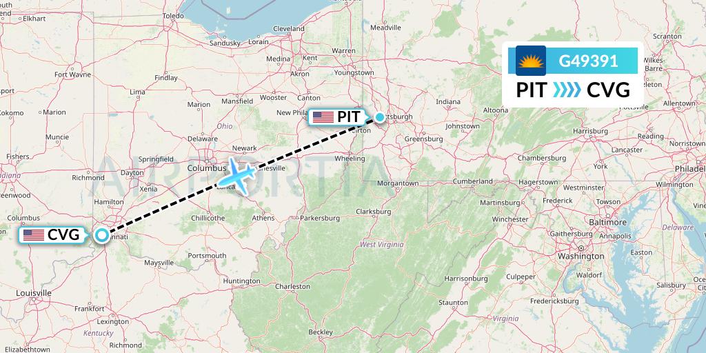 G49391 Allegiant Air Flight Map: Pittsburgh to Cincinnati