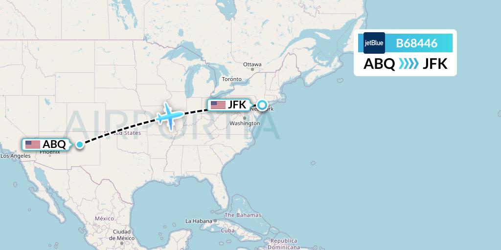B68446 JetBlue Airways Flight Map: Albuquerque to New York