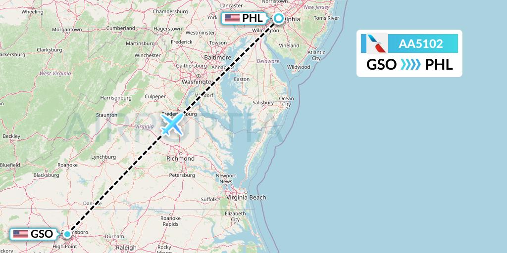 AA5102 American Airlines Flight Map: Greensboro to Philadelphia
