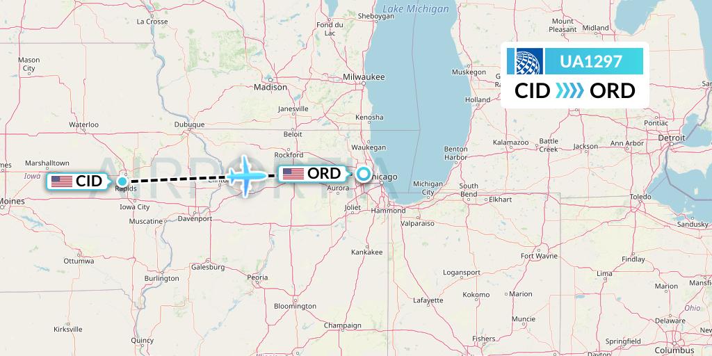 UA1297 United Airlines Flight Map: Cedar Rapids to Chicago