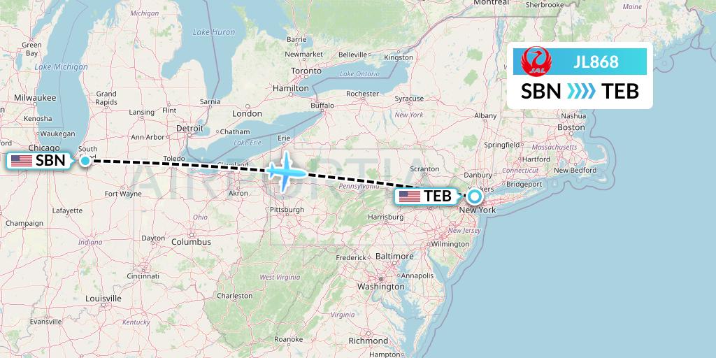 JL868 Japan Airlines Flight Map: South Bend to Teterboro