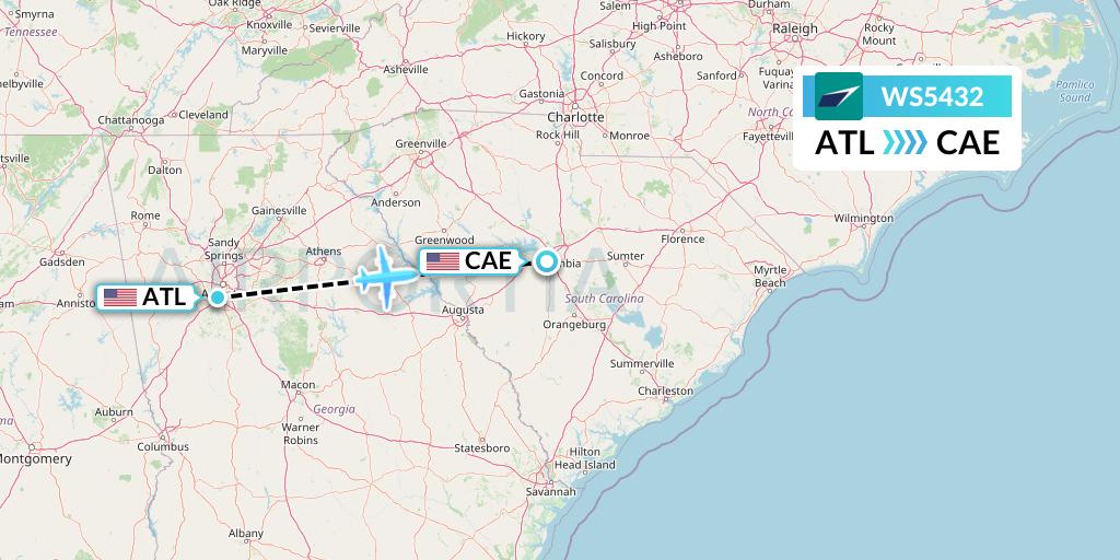 WS5432 WestJet Flight Map: Atlanta to Columbia