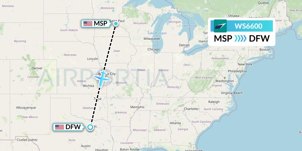 WS6600 WestJet Flight Map: Minneapolis to Dallas