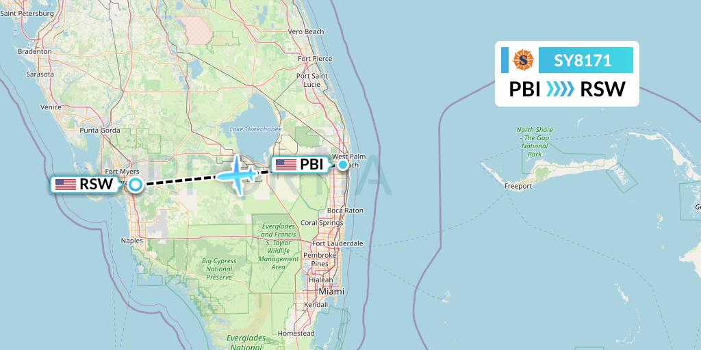 SY8171 Sun Country Airlines Flight Map: West Palm Beach to Fort Myers