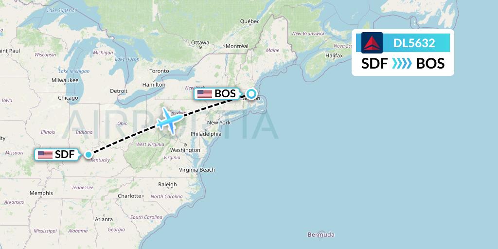 DL5632 Delta Air Lines Flight Map: Louisville to Boston