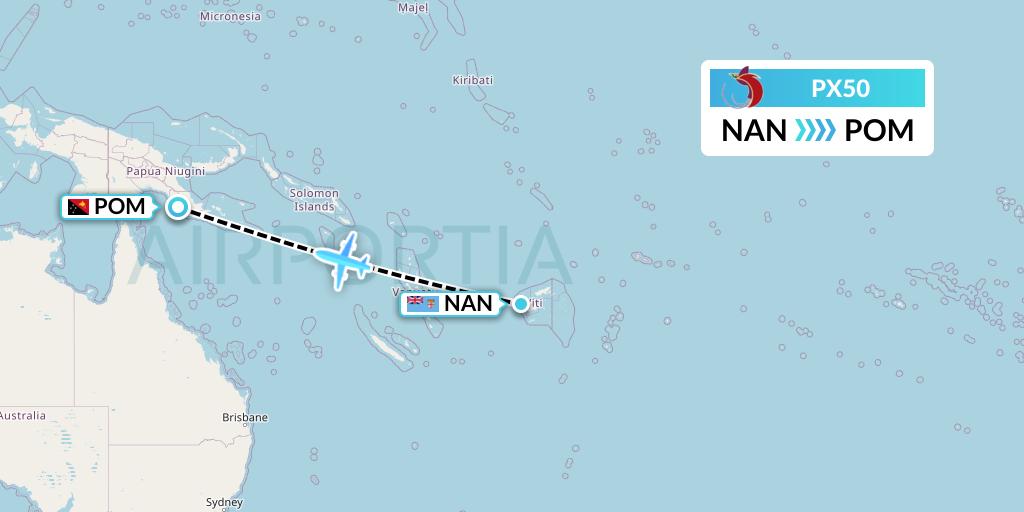 PX50 Air Niugini Flight Map: Nadi to Port Moresby