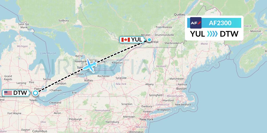 AF2300 Air France Flight Map: Montreal to Detroit