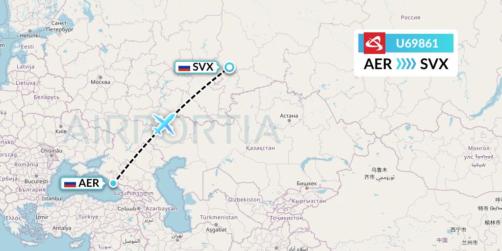 U69861 Ural Airlines Flight Map: Sochi to Yekaterinburg