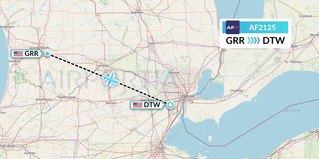 AF2125 Air France Flight Map: Grand Rapids to Detroit