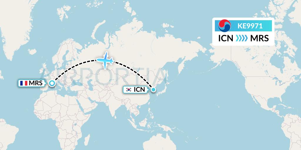 KE9971 Korean Air Flight Map: Seoul to Marseille