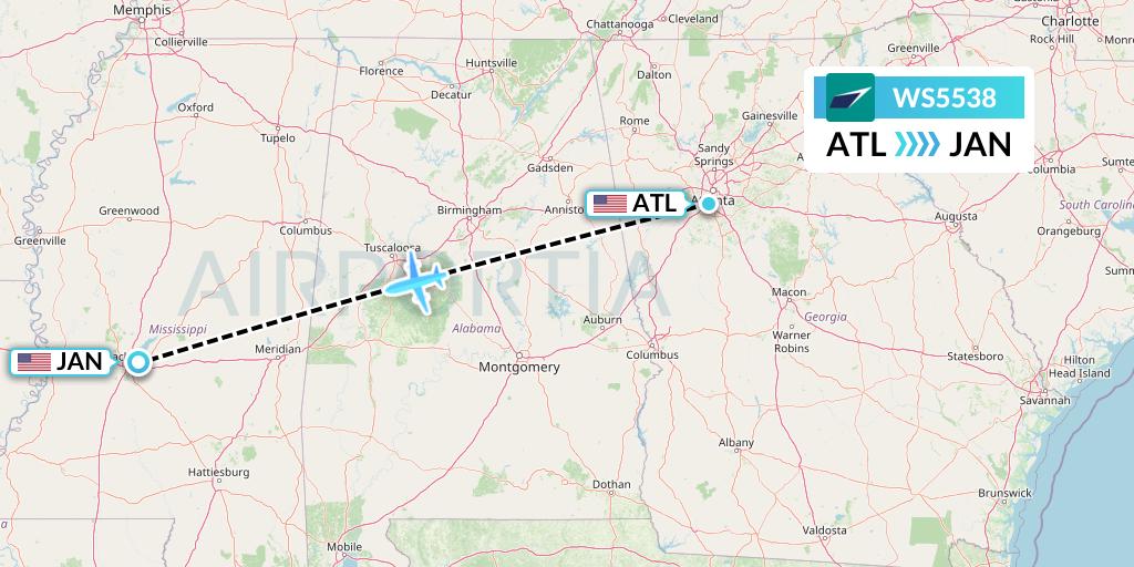 WS5538 WestJet Flight Map: Atlanta to Jackson