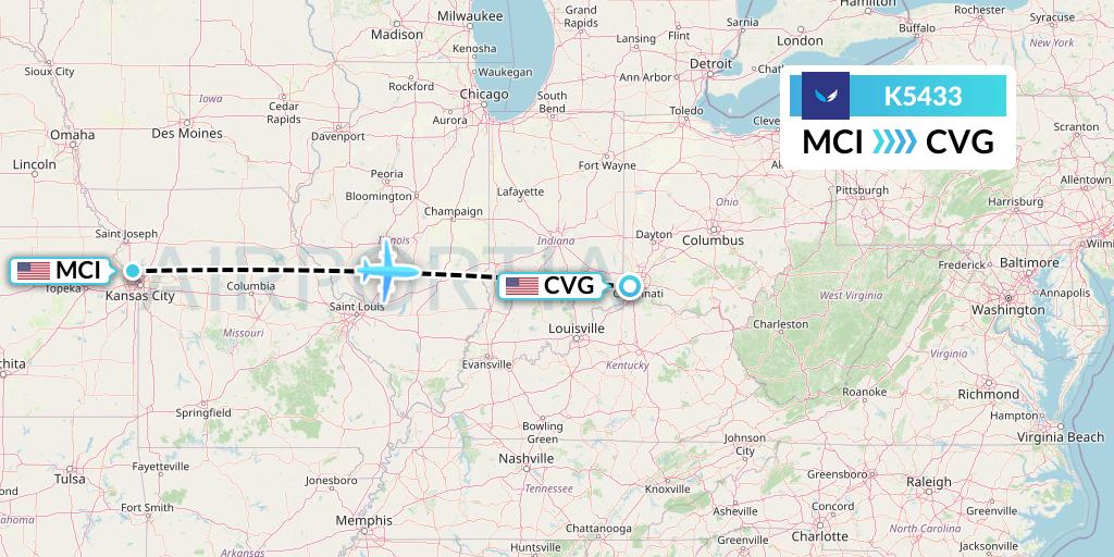 K5433 SeaPort Airlines Flight Map: Kansas City to Cincinnati