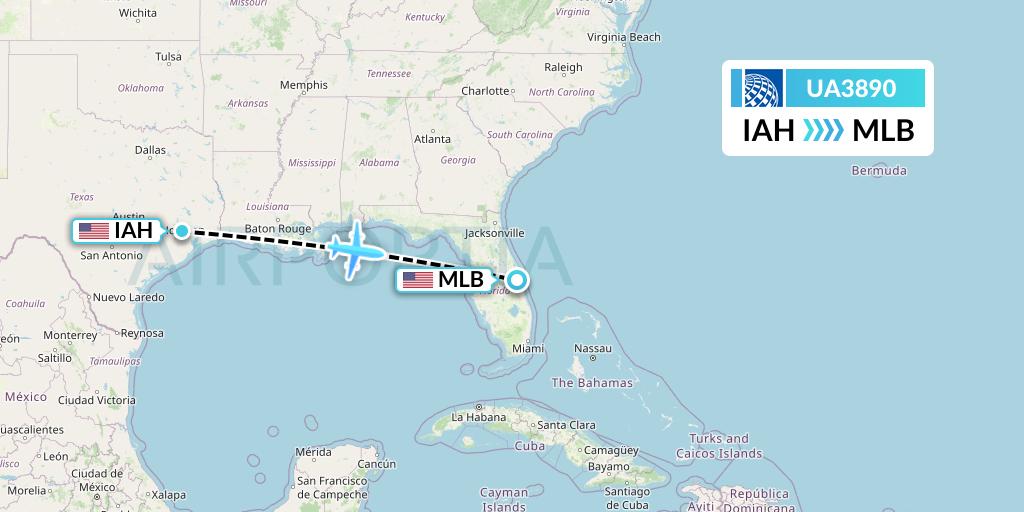UA3890 United Airlines Flight Map: Houston to Melbourne