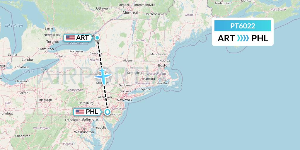 PT6022 Piedmont Airlines Flight Map: Watertown to Philadelphia