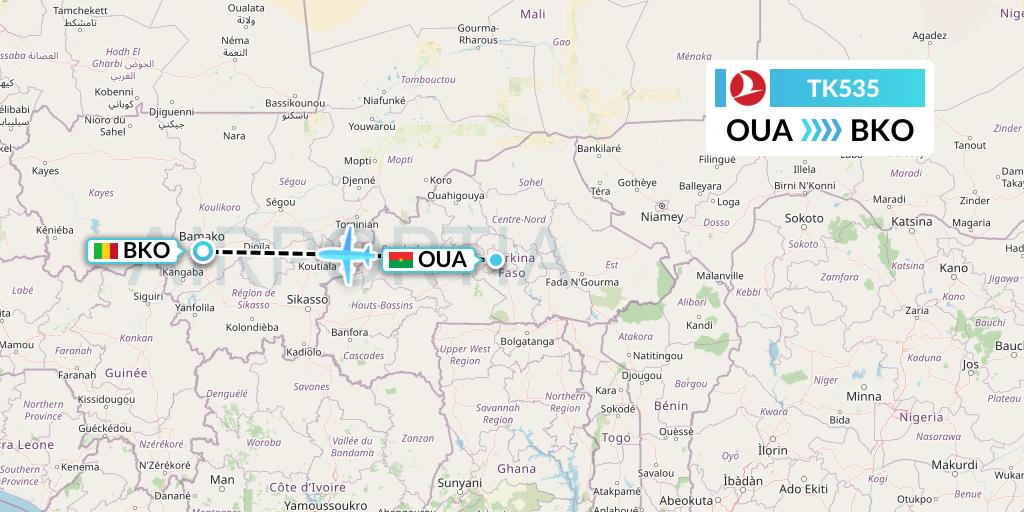 TK535 Turkish Airlines Flight Map: Ouagadougou to Bamako